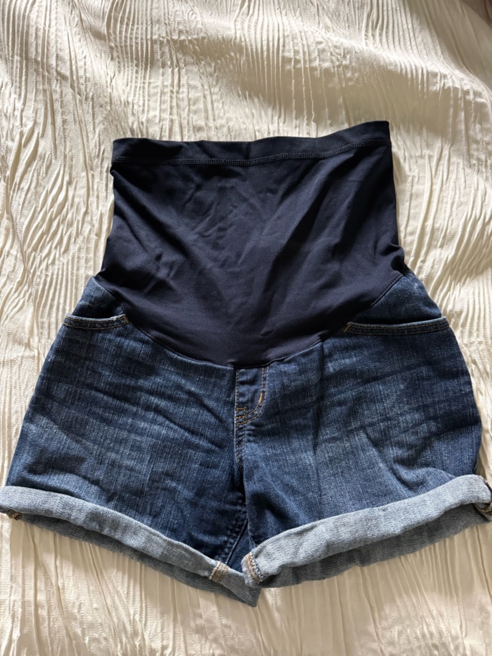 Liz Lange Dark Blue Denim Maternity Shorts with Black Belly Panel